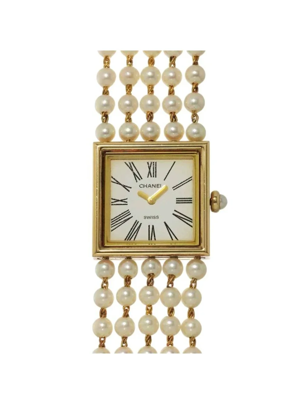 Chanel Mademoiselle Pearl Bracelet L Watch White 18K Yellow Gold Quartz